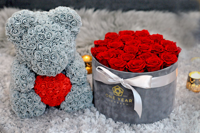 grey rose teddy bear with red heart gift box london
